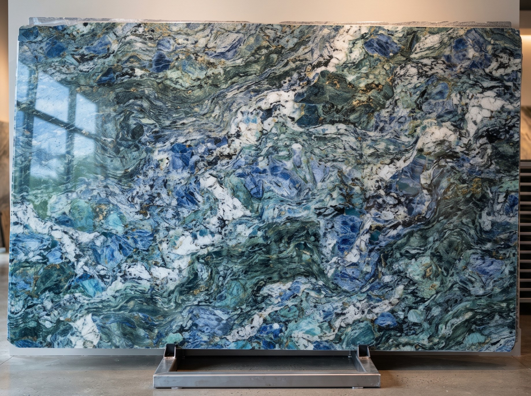 Dark exotic Azul Bahia Granite slab with deep blue and gold crystals