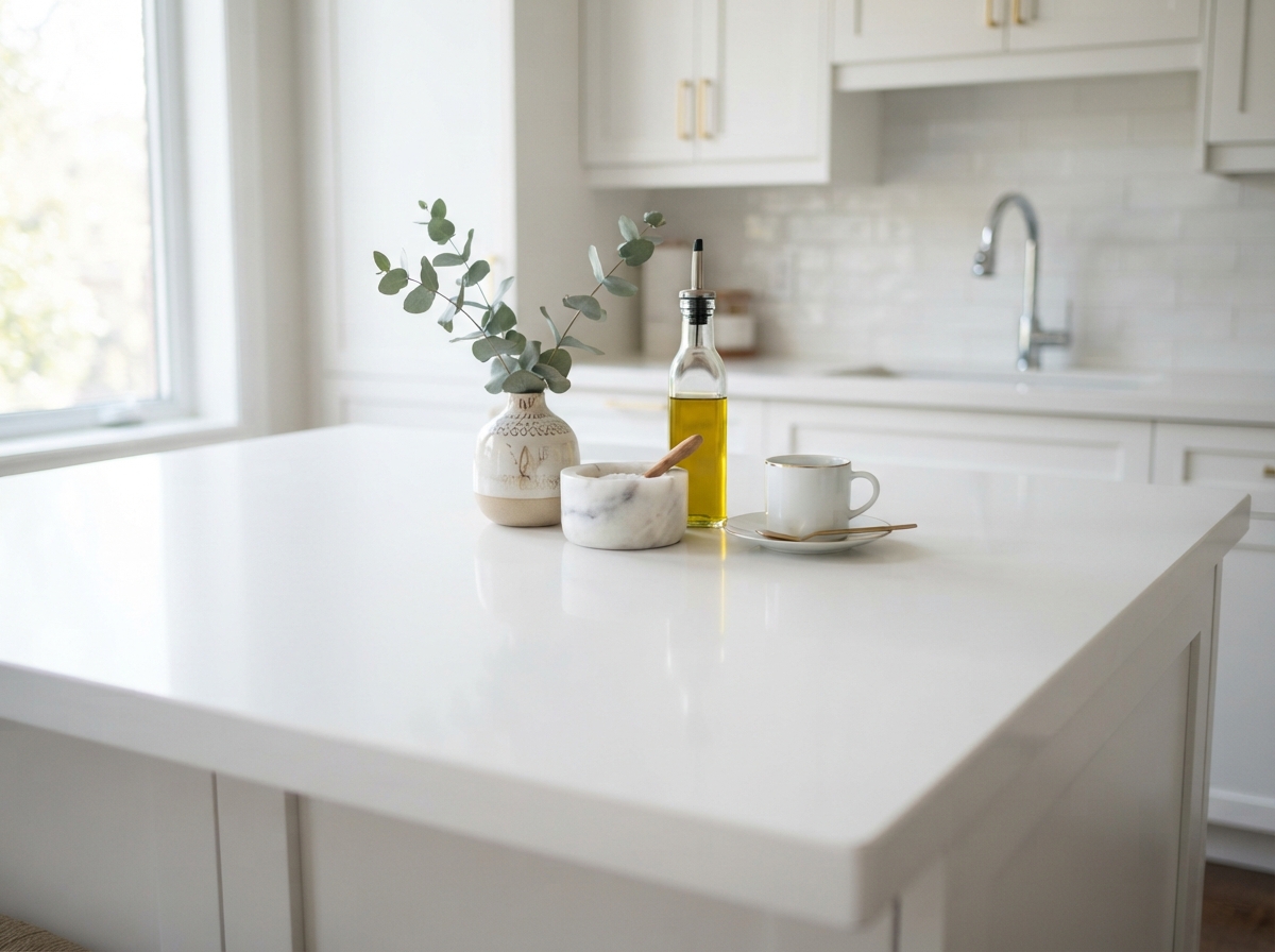 Modern clean kitchen featuring engineered white quartz countertops
